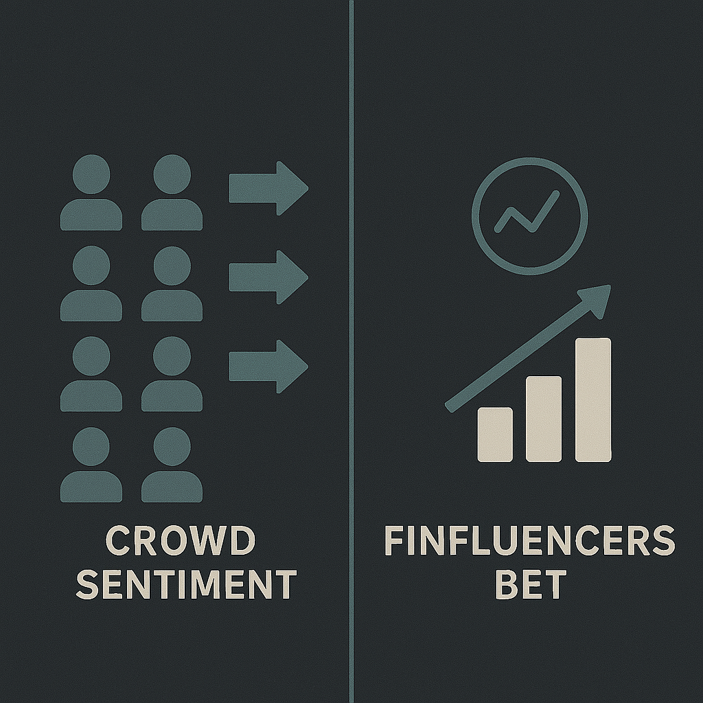 Illustration: Crowd sentiment icons pointing uniformly contrasted with Finfluencers Trade data analysis showing upward trend